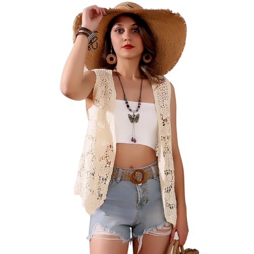Image of Women's Crochet Floral Boho Lace Trim Sleeveless Kimono Open Front Vest Cardigan