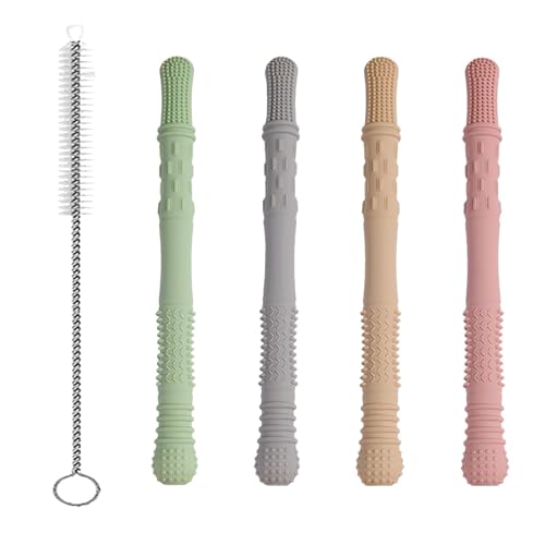4 Stück Beißring Baby PP Silikon Beissring Hohl Kausticks für BPA Frei Zahnungshilfe Zahnungshilfe Beißring Geeignet für ab 3 Monaten mit 1 Strohbürsten, Auffrischungssicher, weiche Texturen