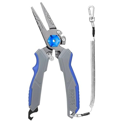 Booms Fishing Pliers Hook Remover: 8.1" Fishing Line Cutter with Lanyard - Carbon Steel Fish Pliers for Saltwater - Braided Cutters & Crimper with Saf