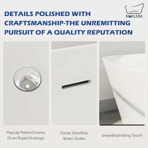 Image of 59 inch Acrylic Freestanding Bathtub, Single Slipper Free Standing Tub, Soaking Tub with Integrated Slotted Overflow, Toe-Tap Chrome Drain, cUPC Certified, Glossy White