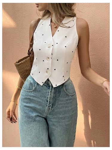 SHENHE Women's Heart Print Cute Vest Button Up V Neck Business Casual Cropped Sleeveless Blazer Suit4
