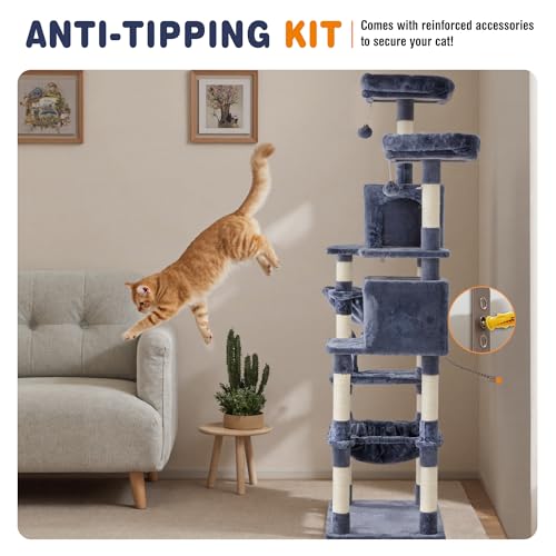 Image of Sweetcrispy 71 inch Cat Tree Tower, Large Multi Level Cat Climbing Tower with Condo, Natural Sisal Scratching Posts, Platform, Hammock, Basket, Tall Pet Tree House for Indoor Cats Play, Dark Blue