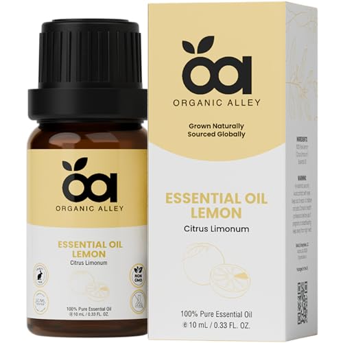 Lemon Essential Oil by Organic Alley (0.33 Fl Oz) | 100% Pure, Undiluted, Natural Citrus Limonum Oil | Lemon Oil for Skin, Cleaning, Therapeutic Grade | Fresh, Zesty Scent