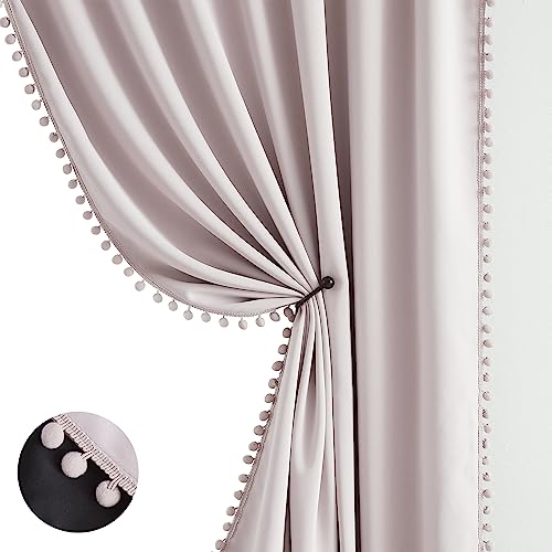 Image of Treatmentex Pompom Pink Full Blackout-Curtains for Bedroom, Thermal Insulated Small Curtain Drapes for Baby Nursery Room Basement 52 inch W x 45 inch L 2 Panels Rod Pocket