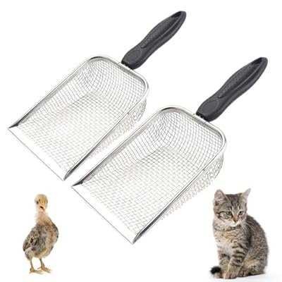 Chicken Poop Scooper for Coop, 2 Pack Chicken Coop Shovel with 0.15inch & 0.2inch Mesh Metal Chicken Coop Rake and Scoop Tool,Sifting Shovel for All Litter Types Easy Clean Kitty Waste Litter
