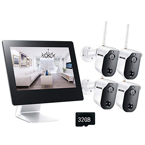 Bechol 1080P Wireless Security Camera System,4CH 9 inch All-in-One Touch Monitor,4pcs Wire-Free Rechargeable Battery Cam,2-Way Audio,Night Vision,PIR Motion Detection for Home Surveillance(Used)