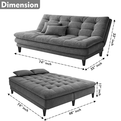 Image of Modern 3 Seater Sofa Cum Bed | Tufted Backrest | Velevt Fabric Upholstery | Living Room Furniture-Grey