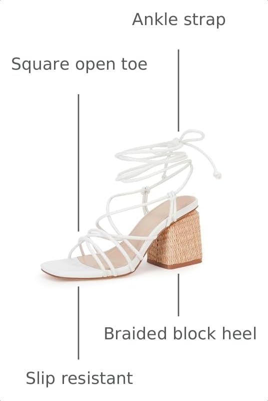 Image of PiePieBuy Women's Lace Up Chunky Braided Heel Sandals Square Toe Strappy Ankle Strap Heels