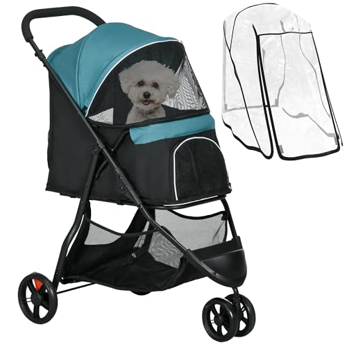 PawHut Passeggino per Cani Piccoli e Mini a 3 Ruote, Passeggino per Animali Pieghevole con Copertura Antipioggia, Cestino e Guinzaglio, Verde Scuro