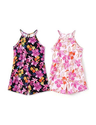 PATPAT Rompers for Girl 2 Pack Sleeveless Floral Print Summer Tropical Jumpsuits Size 3-12 Years
