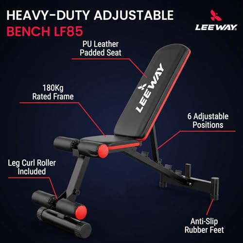 Image of Leeway LF85 Adjustable Bench Press for Home Gym Setup Chair | Foldable Workout Gym Bench for Home with Incline Decline Flat, Multipurpose Exercise Fitness Equipment | Strength Training Table (Black, Bench LF85, 1)