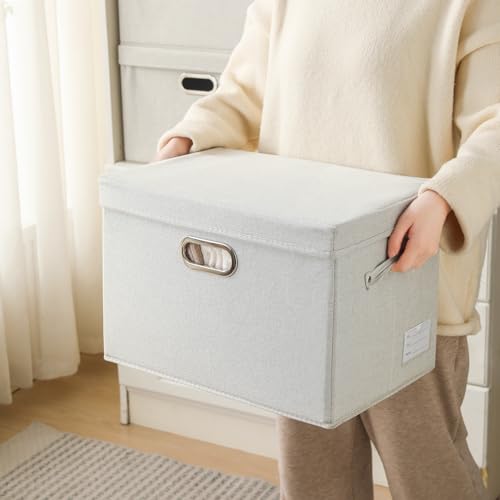Image of PRANDOM Large Collapsible Storage Containers with Lids [5-Pack] Fabric Foldable Storage Bins Boxes Organizer Baskets Cube with Cover for Home Bedroom Closet Office Beige(17.3x11.8x11.8)