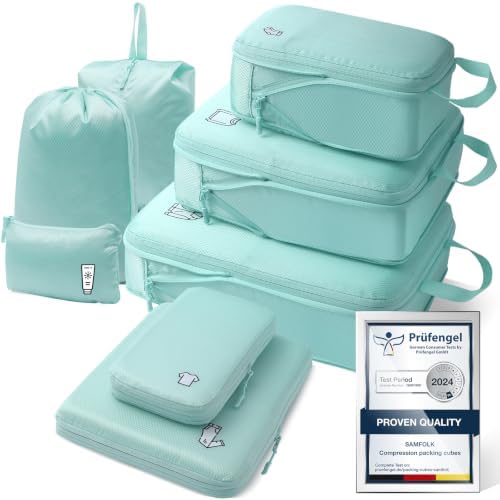Packing Cubes Compression 8 Stück Koffer Organizer,Wasserdicht PackwüRfel Packtaschen Kompression, Travel essentials FüR HandgepäCk Koffer Und Rucksack LakeBlue