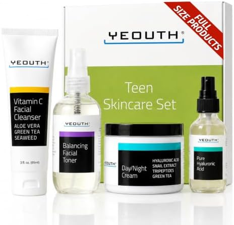 YEOUTH Teen Skin Kit Starter Set - Anti Aging Beauty Essentials - Vitamin C Facial Cleanser - Balancing Facial Toner for Face - Pure Hyaluronic Acid Serum - Day and Night Snail Cream Moisturizer