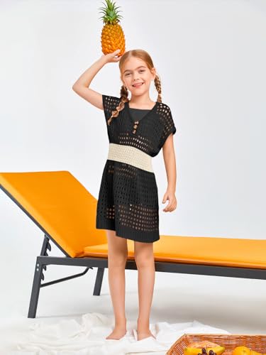 Image of Haloumoning Girls Crochet Swim Beach Cover Up Kids Fashion Button Short Sleeve Swimsuits Cover Ups 5-14 Years