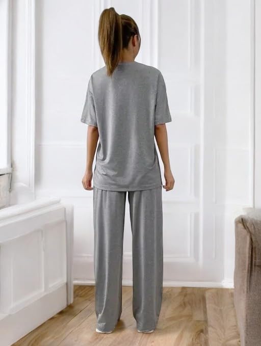 Image of My Swag Women Casual T-Shirt & Trouser Co-Ords Set Half Sleeve Loose-Fit Summer Cord Set 2 Piece Black Outfit Pajama Set for Women & Girls