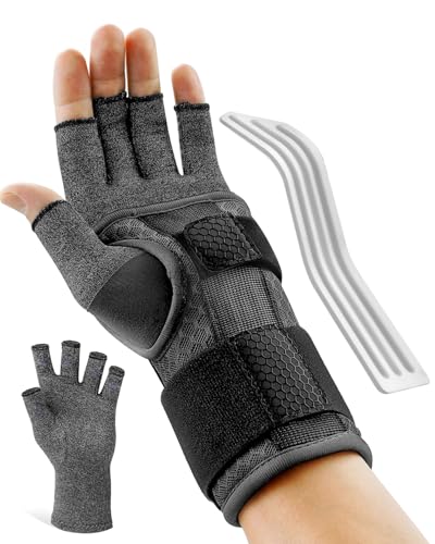 Image of FEATOL Compression Arthritis Glove with Wrist Brace, Comfortable Fingerless Carpal Tunnel Hand Gloves for Women Night Support, Pain Relief for Rheumatoid Arthritis, Work, Typing - Left Hand, Medium, Black