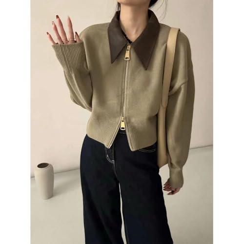 Cropped Cardigan Women Leather Collared Knit Sweater Zip up Jacket Aesthetic Cute Polo Sweater Fall 2024 Trendy2