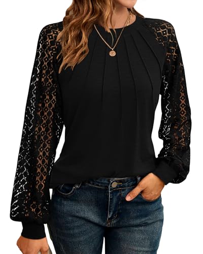 WNEEDU Chemisier pour Femme Blouses Tunique Chemisier À Manches Longues Et Col Ras du Cou en Dentelle Chemise Blouse Mode Élégante