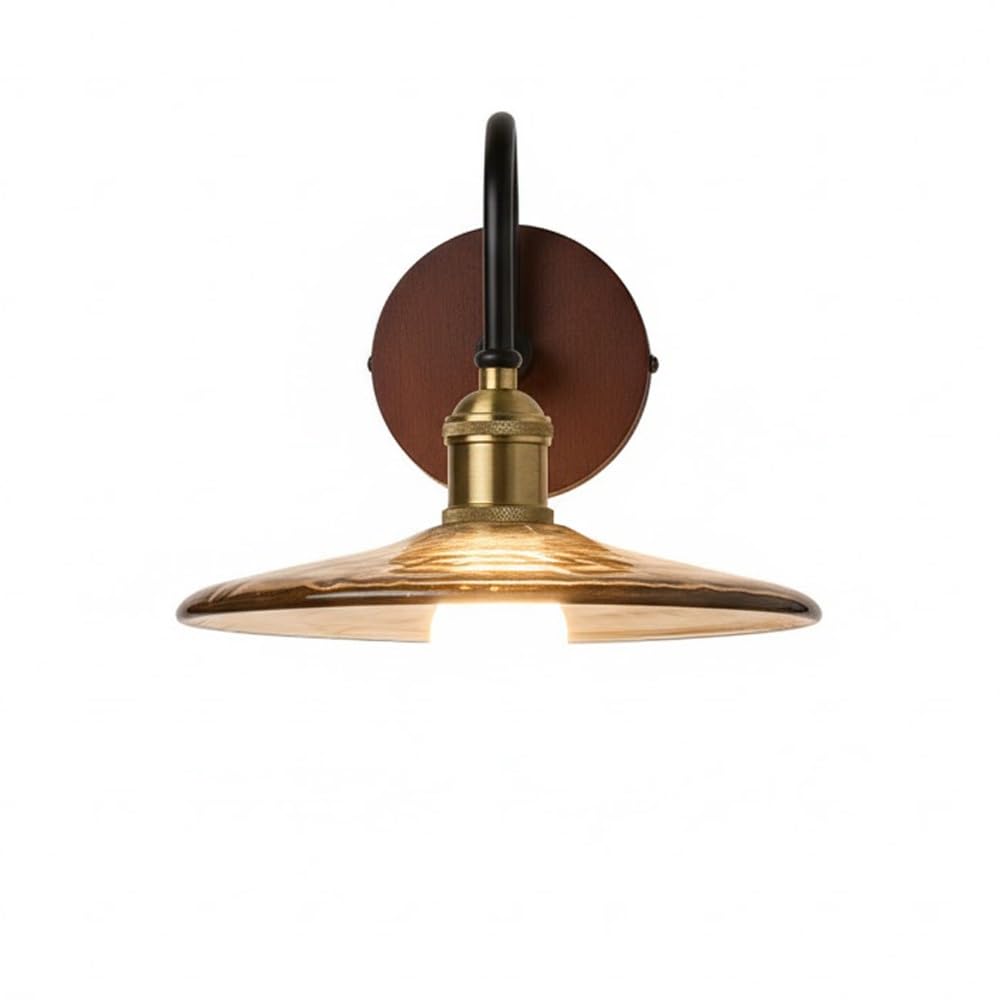 NHPJFDC Vintage Industrial Wall Sconce, Rustic Farmhouse Amber Ribbed Glass Wall Lamp, Brass Gooseneck Light Fixture with Wooden Backplate for Bedroom, Bathroom Vanity, Hallway.