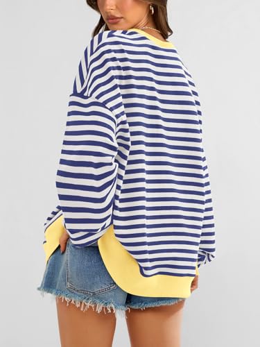 Image of PRETTYGARDEN Womens Striped Oversized Sweatshirt Color Block Crew Neck Long Sleeve Casual Loose Pullover Top Y2K Clothes