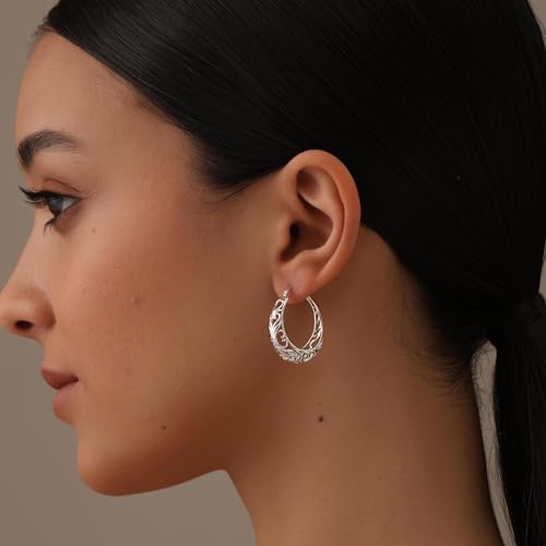 LeCalla 925 Sterling Silver Chunky Hoop Earrings | Filigree Mesh Heart Click Top Hoops for Women2