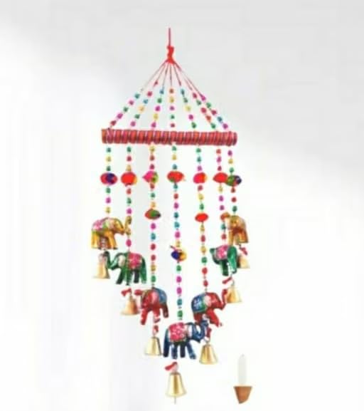 Rajasthani Elephant Wind Chime Wall Hanging, 68x20 cm | Multicolour Beads, Golden Bells, Handcrafted Decor, Indoor Outdoor Use, Festive Home Decor-image-32
