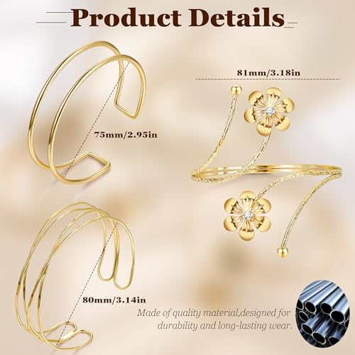 REVOLIA 3Pcs Arm Cuff Bracelet Gold Upper Arm Band Cuff for Women Adjustable Arm Cuff Bangle Bracelet Minimalist Coil Flower Armlet Armband Jewelry Set3