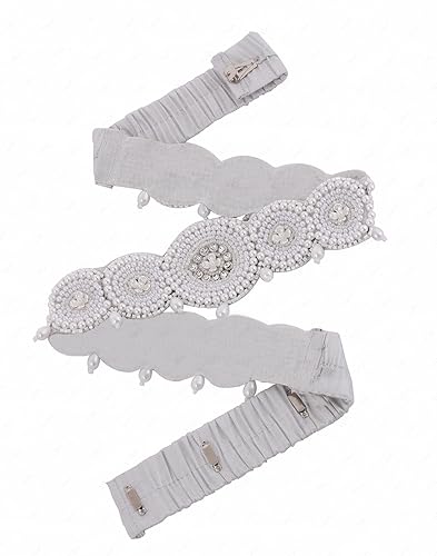 Traditional White Fabric Pearl Embroidery Cloth Maggam Work Saree Waist Belt Stretchable Kamarpatta Kamarbandni Kardhani For Women (Kamarbandh Belt For Saree)