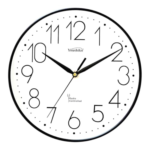 Youshiko Radio Controlled Wall Clock (Official UK & Ireland Version) Stylish Black & White Bold Classic Design (25cm / 10-Inch Diameter) Home/Kitchen/Office/School Clock Easy to Read (Black)