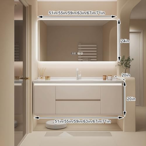 Modern Wall Mounted Floating Bathroom Vanity with Integrated Ceramic Sink, No Assembly Required, Hanging LED Intelligent Lighted Sensor and Demisting Mirror, Cabinet Spaces