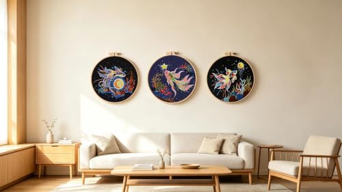 Image of Konrisa Stamped Embroidery Kit for Adults, 3 Set Elegant Goldfish DIY Sewing Needlepoint Cross Stitch Kit with Embroidery Floss,Hoops,Color Thread,Needle,1 pc Hoop