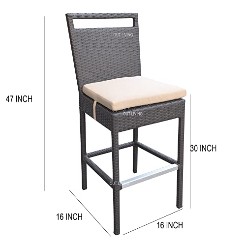 Image of OUTLIVING Rattan Wicker Outdoor Bar Patio Table with 4 Chairs Set for Home Graden Balcony 4 Seater Bar Patio Furniture - (Brown & Cream Cushion)