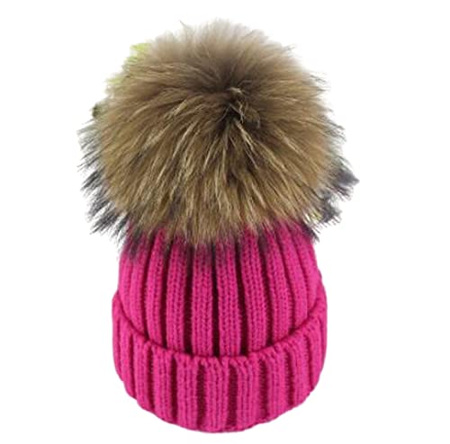 feifanshop Damen Echtfell Waschbär Fell Pelz Bommel Strick Mütze Winter-Mütze Bommelmütze Cover