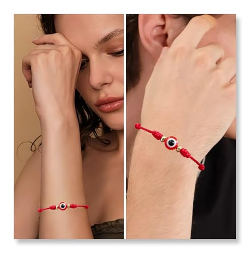 Image of BONITTER Evil Eye Protection Bracelet Set, 12 Pack Adjustable Red 7 Knot Lucky String Amulets, Black and Pink Friendship Bracelets for Women, Men, Boys, Girls (12, Red)