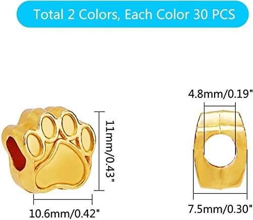 PH PandaHall 60pcs Dog Paw Big Hole Beads 2 Colors Beads Animal Bear Paw Cat Paw Dog Paw Footprint Beads Dog Puppy Paw Loose Beads Necklace Bracelet for DIY Crafts Jewelry Making (Antique Silver &