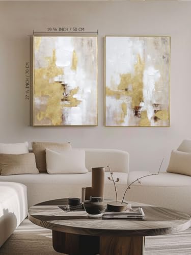 Image of Abstract Gold and Beige Canvas Wall Art - 2 Piece 20 x 28 Inches Framed Prints with Hand-Painted Texture - Neutral Tone Artwork for Living Room, Bedroom, Office Decor