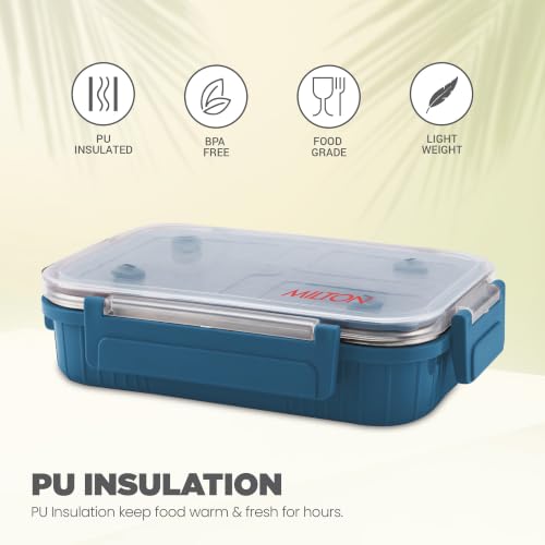 Image of MILTON Meal Safe 3 Inner Stainless Steel Tiffin Box for School with Steam Release Plug | PU Insulated, Leak-Proof, Food Grade I Lunch Box for Kids Boys, Girls with Snap Lock Lid, 630 ml, Navy Blue