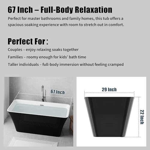 Image of GarveeLife Freestanding Bathtubs 67 Inch Black & White Acrylic Soaking Tub, Modern Free Standing Tub with Integrated Overflow, Ergonomic Deep Soak Freestanding Tub for Luxury Bathroom or Home Spa