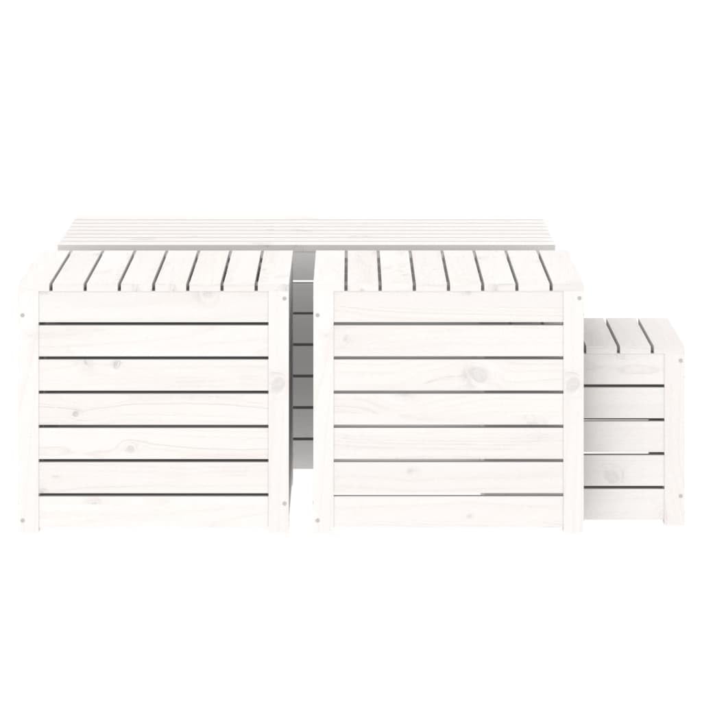 Juego de 4 cajas de jardín de madera de pino maciza, color blanco con tapa, mueble de terraza resistente para almacenamiento al aire libre, asiento o mesa, capacidad 110 kg