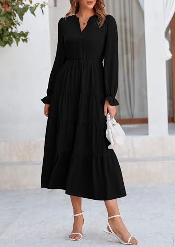 PRETTYGARDEN Long Sleeve Dress for Women 2025 Fall V Neck Tiered Aline Spring Elegant Modest Flowy Wedding Guest Maxi Dresses