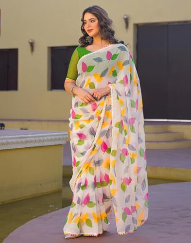 Image of SIRIL Women's Chiffon Printed Saree with Unstitched Blouse Piece