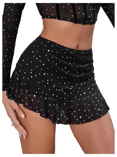 MakeMeChic Women's Rhinestone A Line Mini Skirt Ruffle Ruched Drop Waisted Club Skirts2