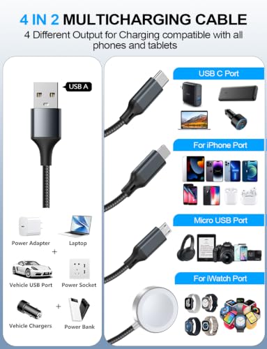Image of Multi Charging Cable for Apple Watch Charger /iPhone /Samsung Charger,Type C /Lightning /iWatch /Micro Charger Cord for iWatch Ultra /10-2 /iPhone /Galaxy /Airpods,Travel Essentials[1.5M]-Black