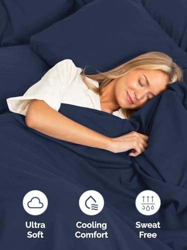 Image of Extra Deep Cal King Sheet Set - 6 Piece Breathable & Cooling - Navy Blue | Hotel Luxury Bed Sheets Set, Easy & Secure Fit, Ultra-Soft, Wrinkle & Fade Free, Comfy Sheets Set with Extra Deep Pockets