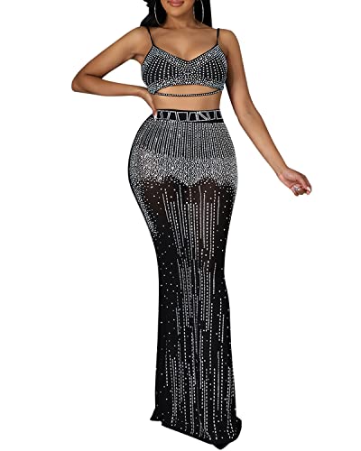 Image of PORRCEY Women's Sexy Rhinestone Spaghetti Strap Dress (5370,Black,3XL)