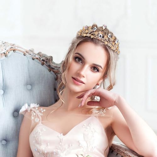 Krone Damen Gold, Crystal Crown für Mädchen und Frauen, Prinzessinen Krone Diadem mit Strass für Partys, BüHnenauftritte, Geburtstag, Alltagskleidung, Hochzeitskopfschmuck Bridal
