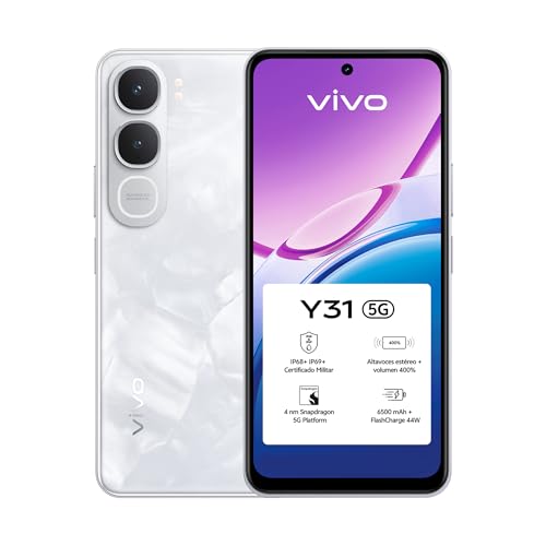 vivo Y31 5G, Smartphone con 6 GB + 6 GB de RAM Ampliable y 256 GB, batería de 6500 mAh, IP68 e IP69, amplificación de Volumen al 400%, cámara de 50 MP, Pantalla LCD de 6,72', móvil Android 15, Blanca