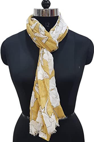 Elu Scarfs For Women Shawl Wrap - Lightweight In Silk Satin Chiffon Cotton Wool All Season Head/Neck Scarf Spring Summer Fall Winter Autumn Women's Fashion Scarves (Viscose Yellow White Leaf)… #TOP2