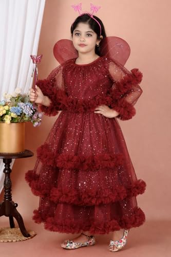 Image of Girls Glitter Tulle Tiered Gown with Butterfly Wings, Ruffle Detail, Fairy Costume Dress
